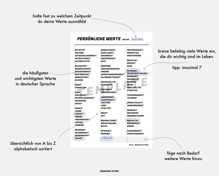 Persönliche Werte ermitteln Beispiel ausgefüllt