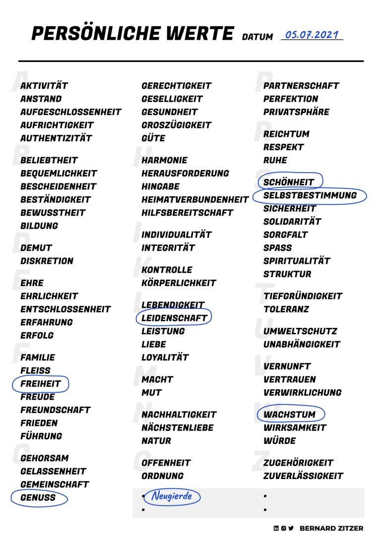Persönliche Werte Liste Beispiel